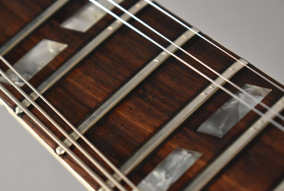 Close-up of the dark rosewood fretboard with trapezoid mother-of-pearl inlays, silver frets, and four strings visible.