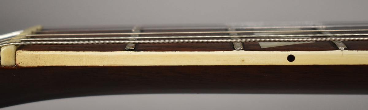Close-up of the guitar's dark fretboard and light binding, showing the nut, frets, strings, and a side dot marker.