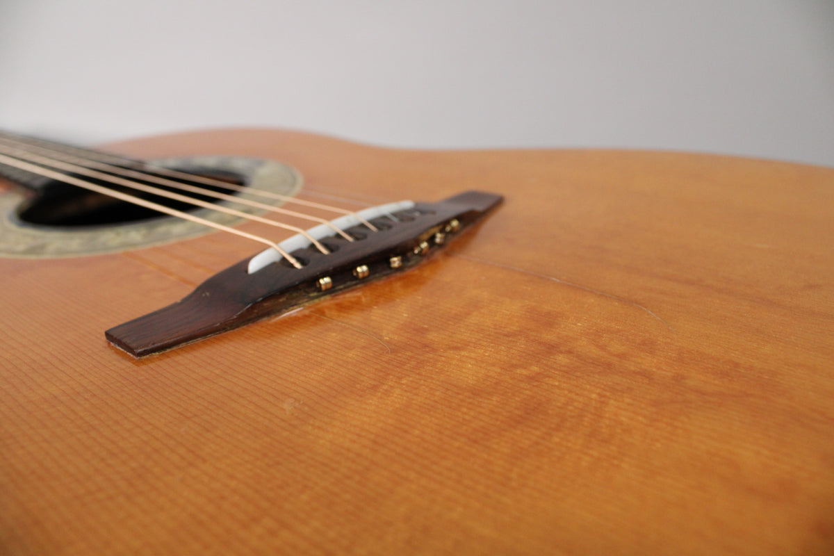 Close-up of the light brown acoustic guitar's body, showing the dark wood bridge, white saddle, and six brass bridge pins.