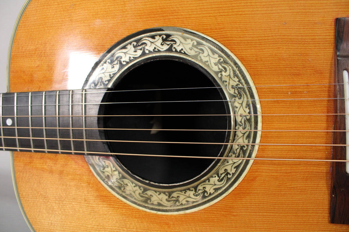 Close-up of the guitar's soundhole, showing the ornate black and cream rosette, natural wood grain, and fretboard with dot inlays.