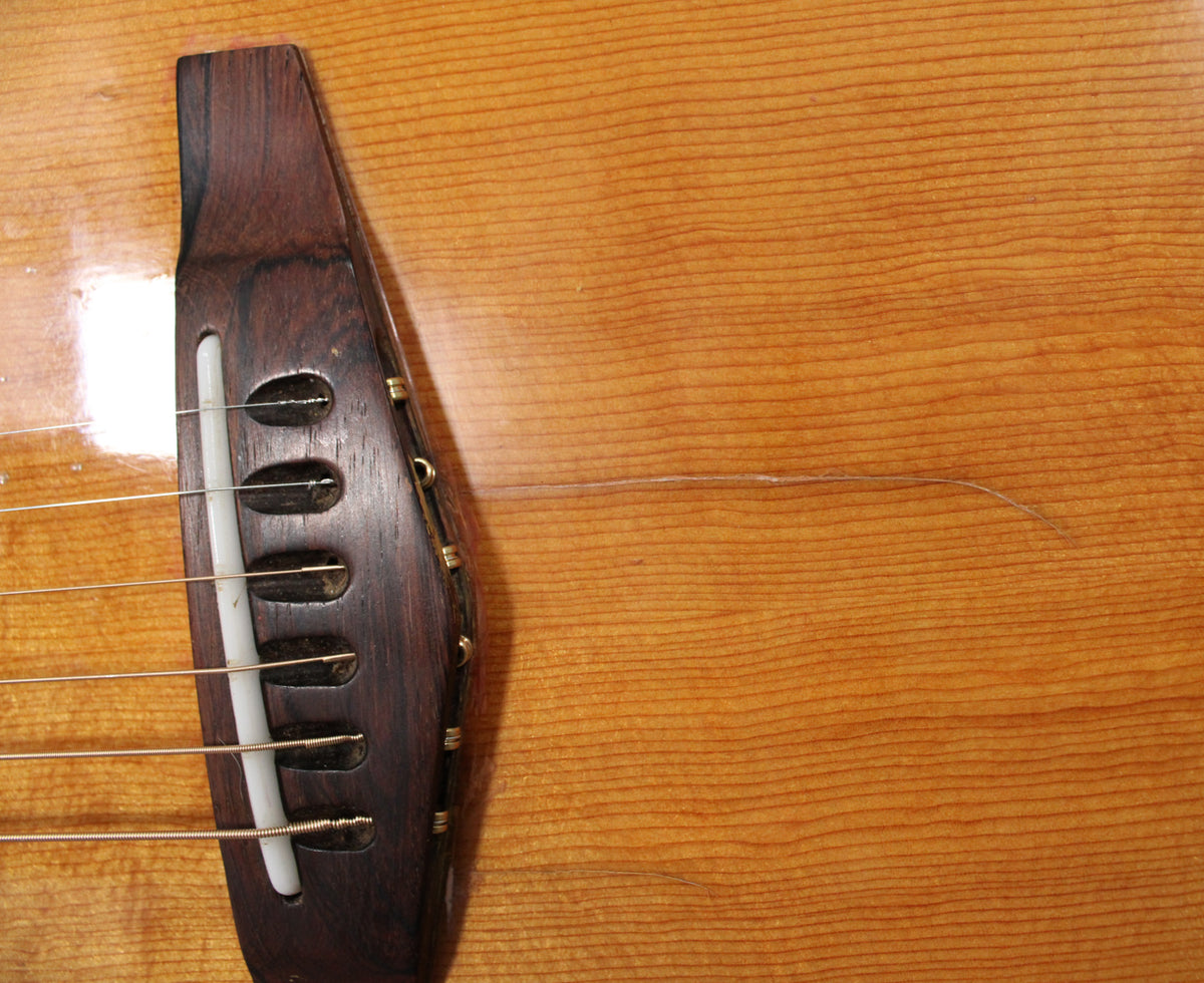 Close-up of the guitar's dark wood bridge with six strings and a white saddle, showing light wear on the glossy natural wood body.