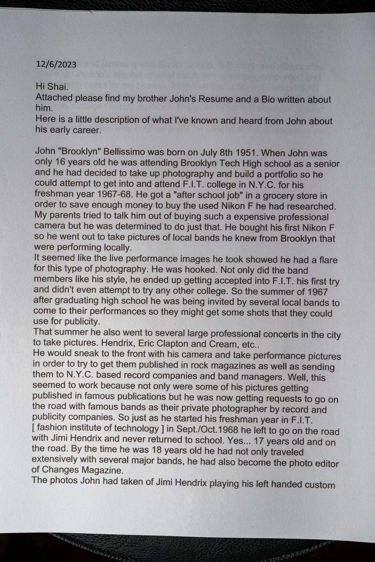 A printed letter dated 12/6/2023, titled "Hi Shai," describing John "Brooklyn" Bellissimo's early career as a photographer.