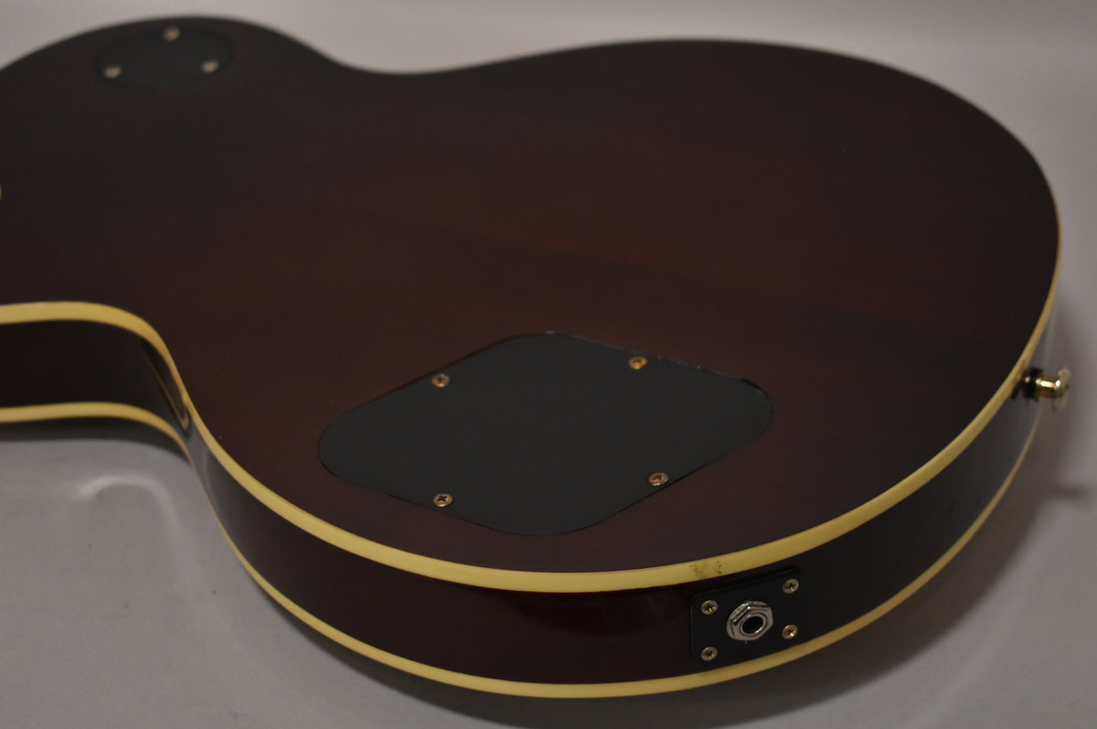 The back of the guitar shows a dark natural finish with cream binding, a black control cavity cover, and a metal output jack.