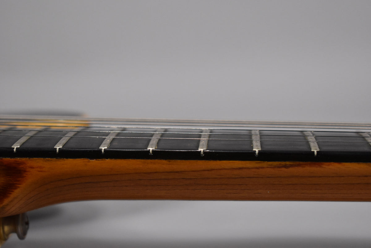Close-up of the guitar's neck and fretboard, showing a dark fretboard, metal frets, and a light brown wood neck.