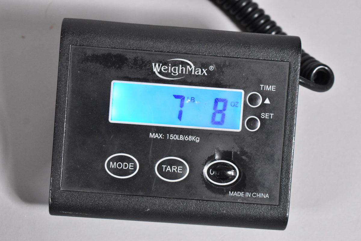 Top-down view of a black digital scale displaying "7 LB. 8 OZ." on a bright blue screen, with control buttons below.