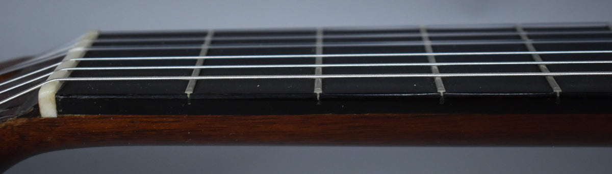 Close-up of the guitar's dark fretboard and light frets, with a white nut and strings, showing some wear on the neck's edge.