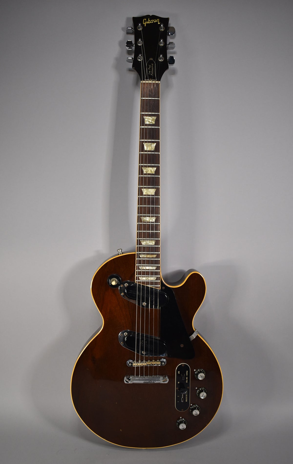 Full-length view of a dark walnut Les Paul Professional, showing its black pickguard, two humbuckers, and six control knobs.