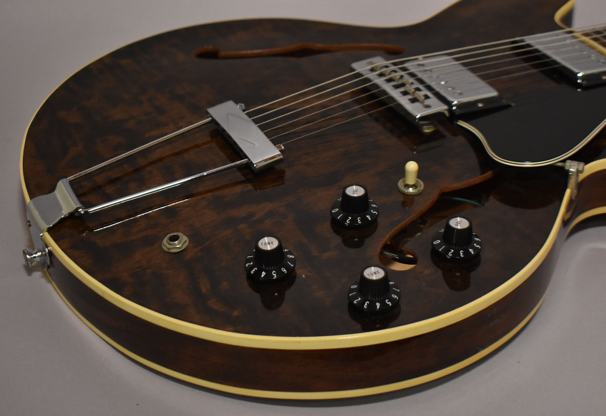 Close-up of the guitar's lower bout, showing the dark walnut finish, chrome trapeze tailpiece, black pickguard, and four black control knobs.