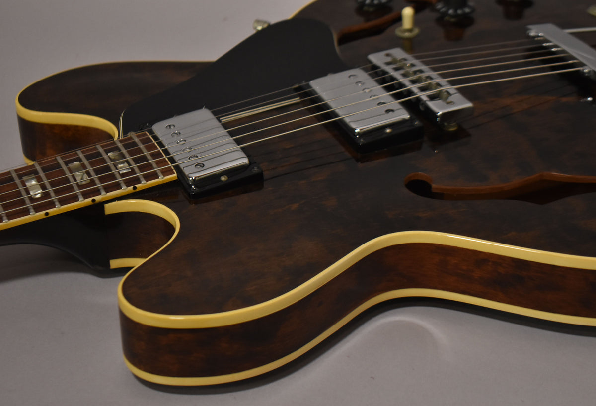 Close-up of a dark walnut hollow-body guitar with cream binding, showing the lower bout, f-hole, and two chrome humbuckers.
