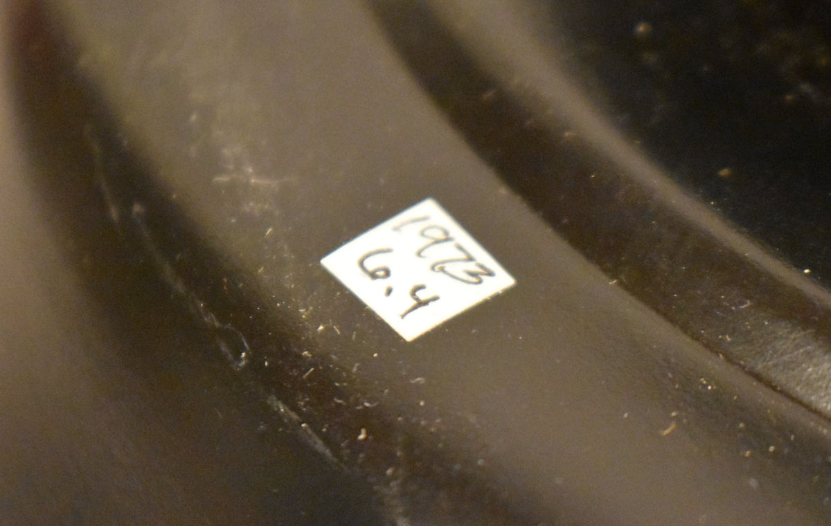 Close-up of a dark, slightly dusty speaker cone with a white handwritten label showing "1973" and "6.4" in the center.
