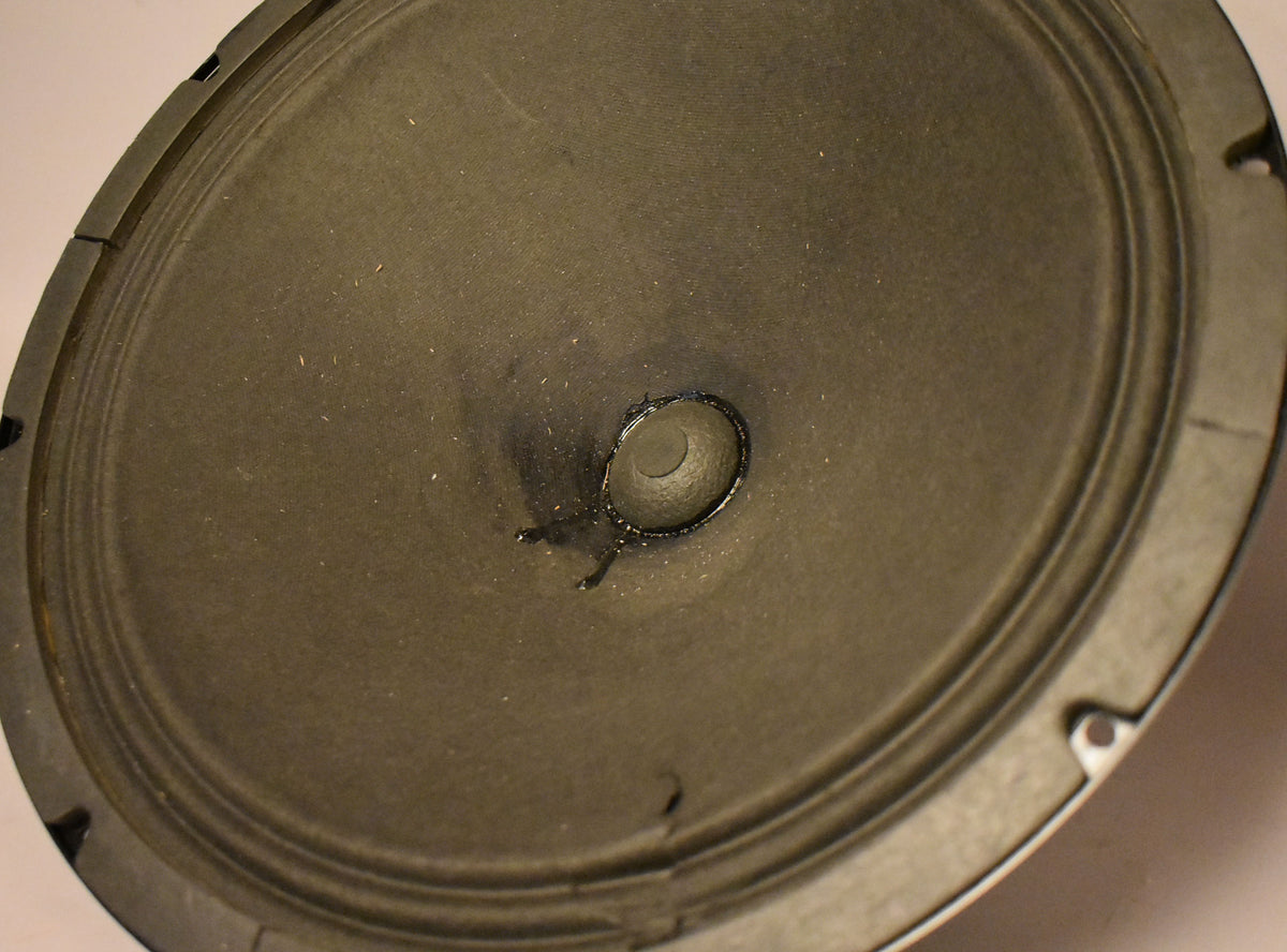 Close-up, angled view of the dark gray speaker cone with a small tear near the center dust cap and visible dust.