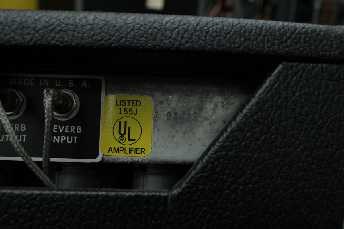 Close-up of the amp's rear panel, showing two input jacks, a yellow UL sticker, and a faded serial number on the silver chassis.