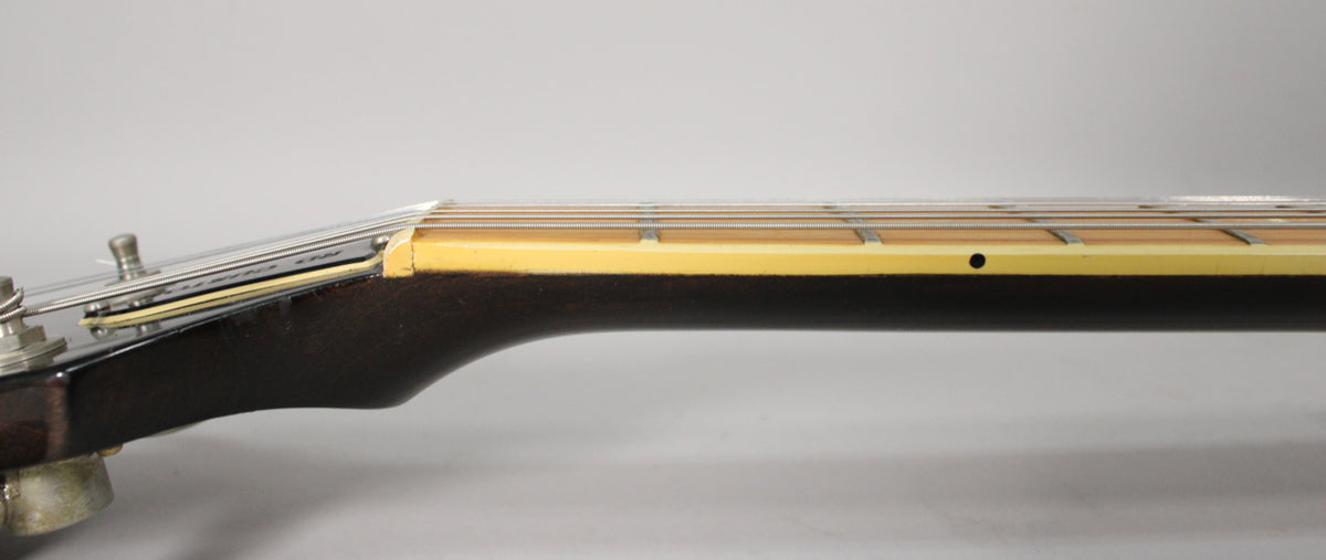 Side view of the guitar's dark walnut neck and headstock, showing the nut, strings, frets, and a single black side dot.