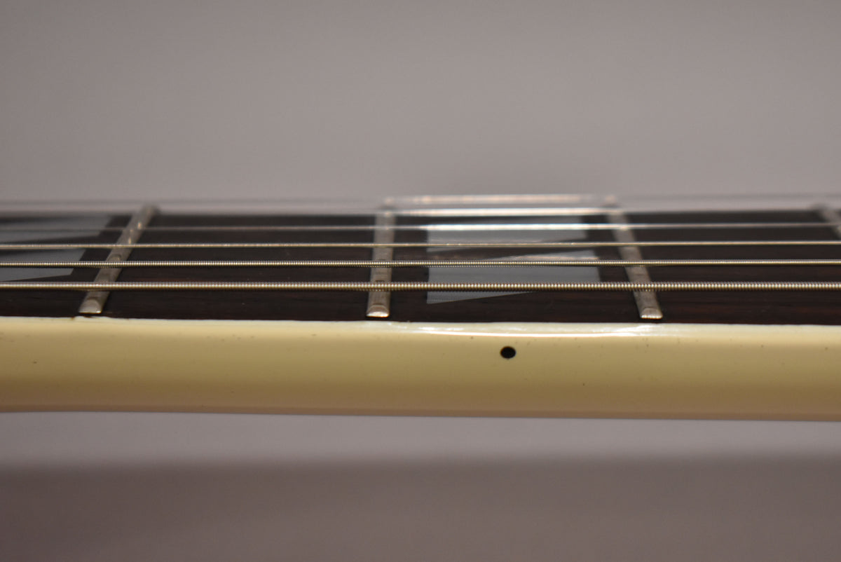 Close-up of the guitar's dark fretboard with trapezoid inlays, showing frets and strings, and a small black dot on the cream binding.