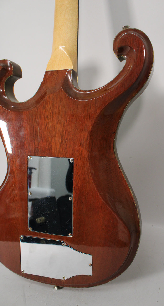 The guitar's glossy reddish-brown back shows wood grain, two chrome control plates, and a light-colored neck joint.