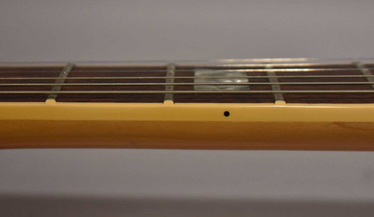 Close-up of the guitar's fretboard from the side, showing dark wood, metal frets, and a cream binding with a black dot marker.