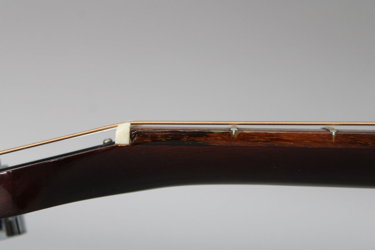 Close-up of the guitar's nut and first few frets, showing the dark brown fretboard, light nut, and copper-colored strings.