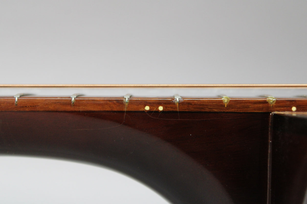Close-up of a guitar's dark wood fretboard with a single bronze string, showing fret markers and some glue residue.