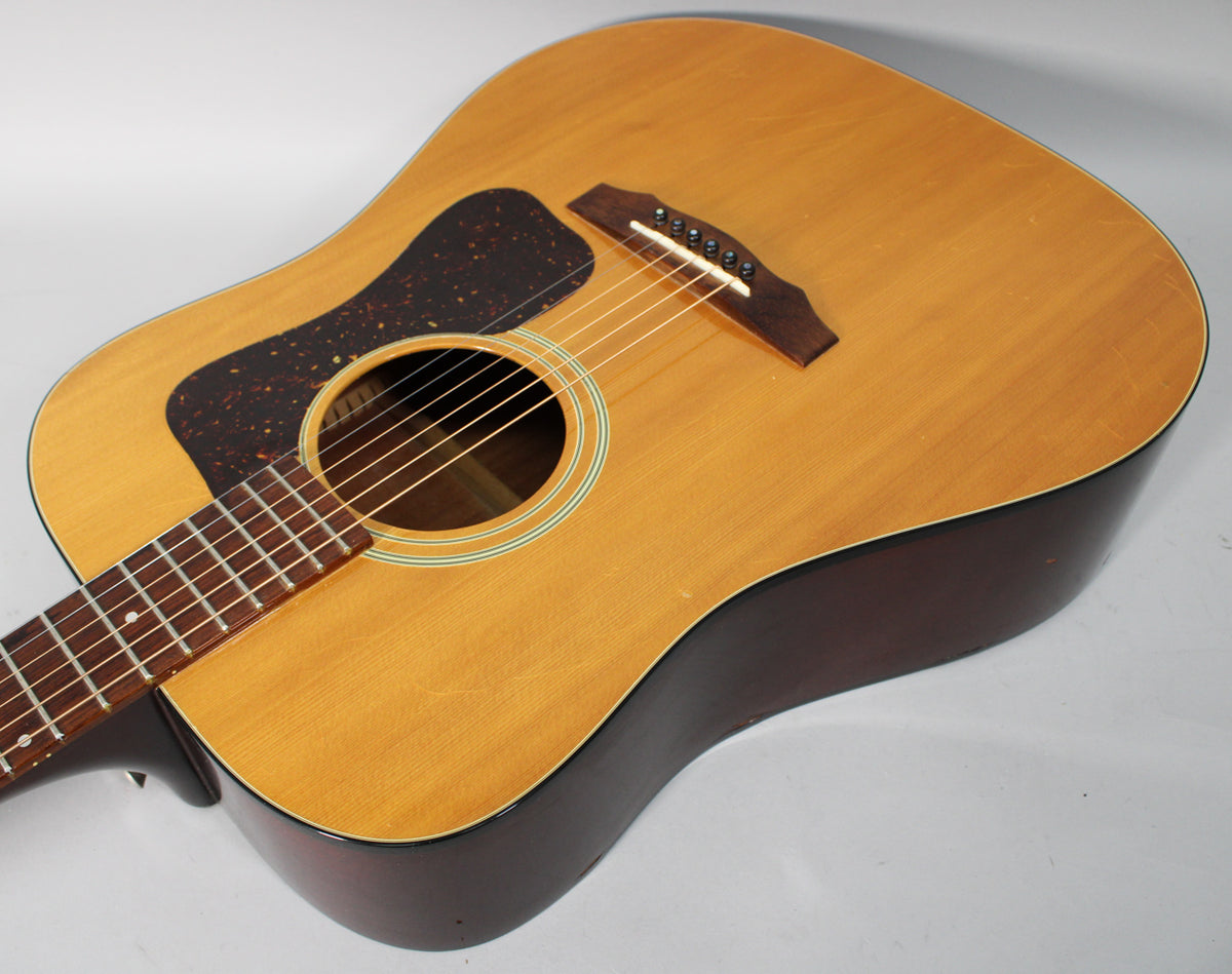 The natural dreadnought acoustic guitar is angled, showing its light wood top, dark sides, tortoise pickguard, and rosewood bridge.