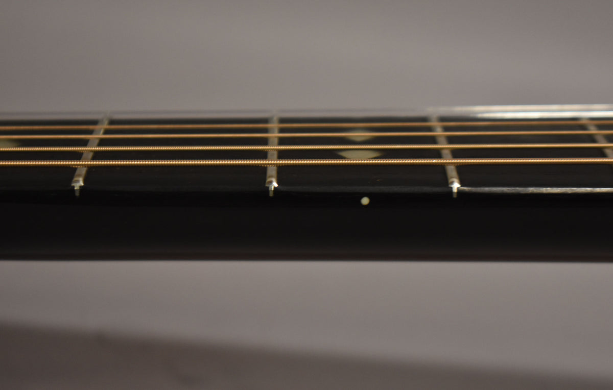 Close-up of the guitar's dark fretboard, showing five frets, light strings, and two small white dot inlays.