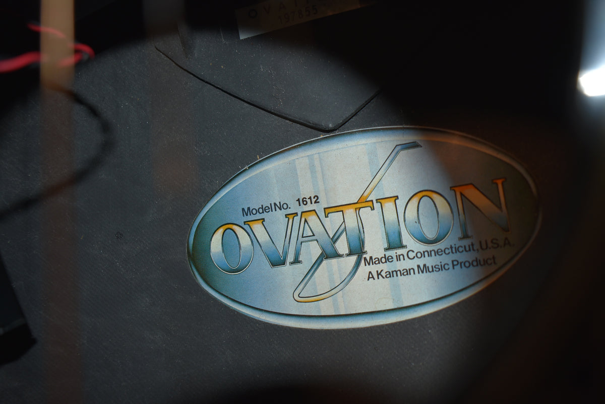 Close-up of the guitar's interior label, showing "Model No. 1612" and "Made in Connecticut, U.S.A." on a blue oval sticker.