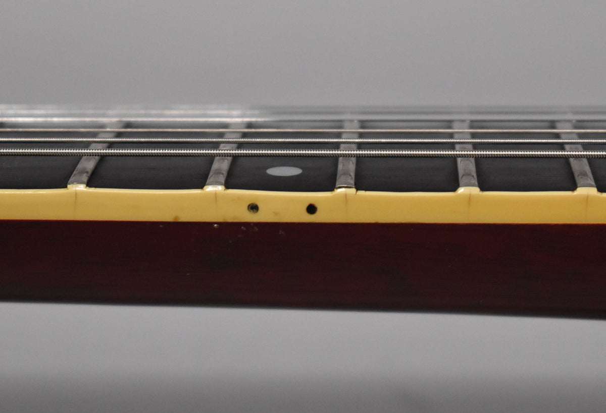 Close-up of the guitar's dark fretboard and frets, with a cream binding showing two small dark dots and some minor wear.