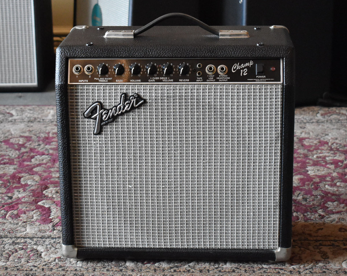 Front view of a black combo amp with a silver grille, black control panel, and 10 black knobs.