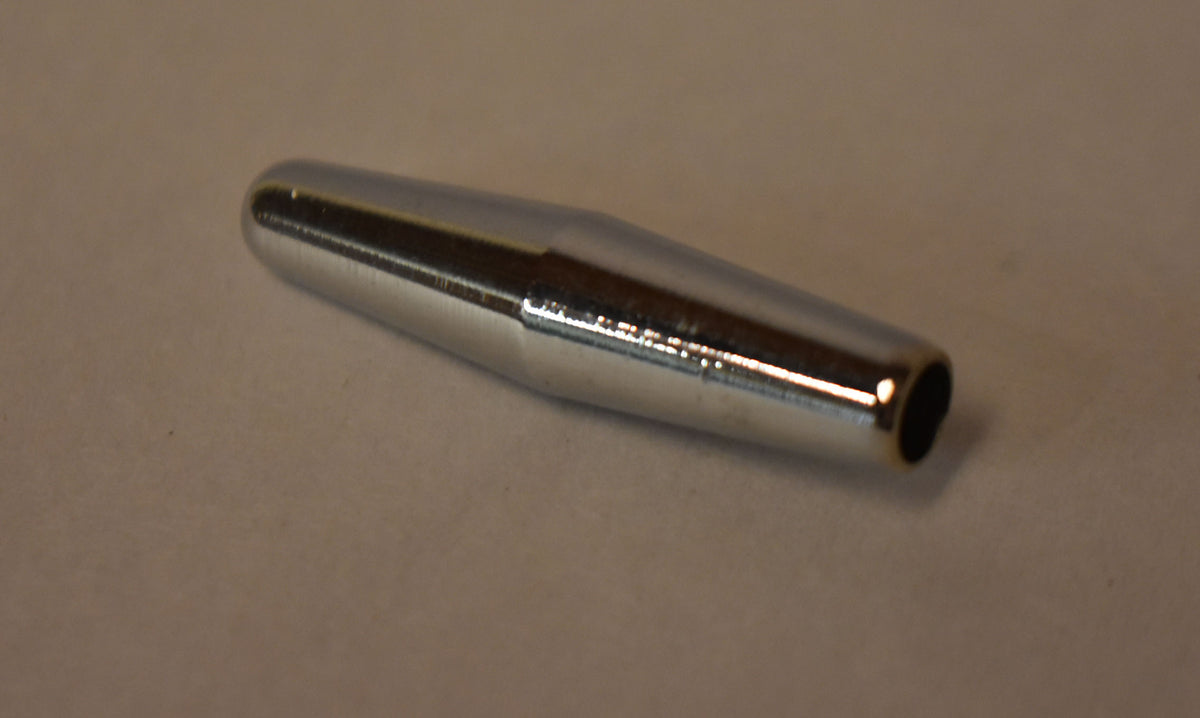 A chrome tremolo arm tip, tapered with a rounded end, viewed from above at an angle, showing its hollow opening.