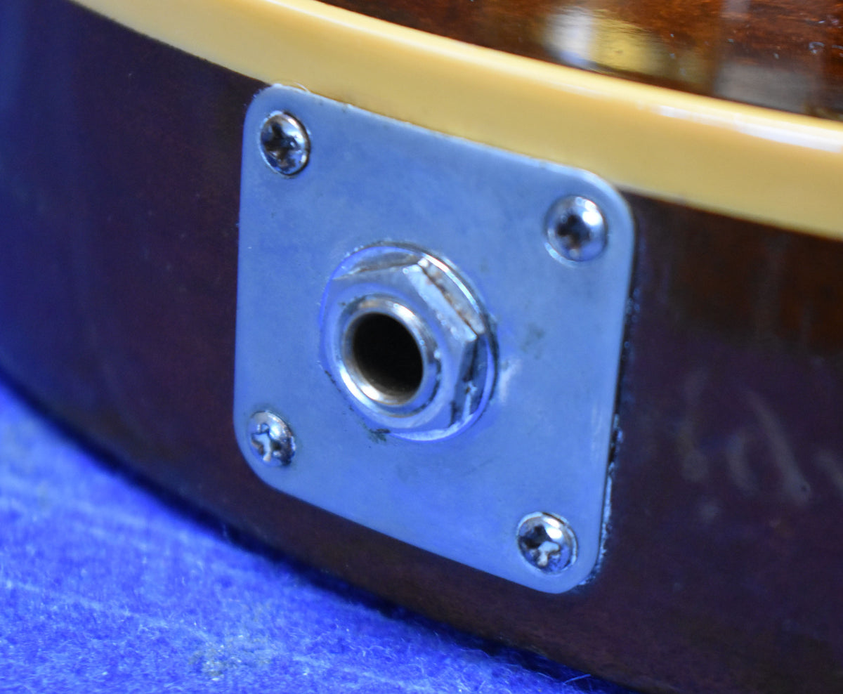 Close-up of the guitar's output jack, a chrome plate with four screws, showing some wear and minor finish chips around its edge.