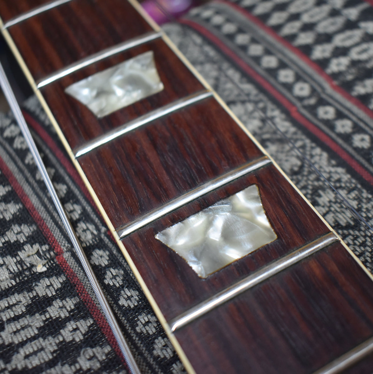 Close-up of the dark rosewood fretboard with trapezoid mother-of-pearl inlays, showing some wear and a single wound string.