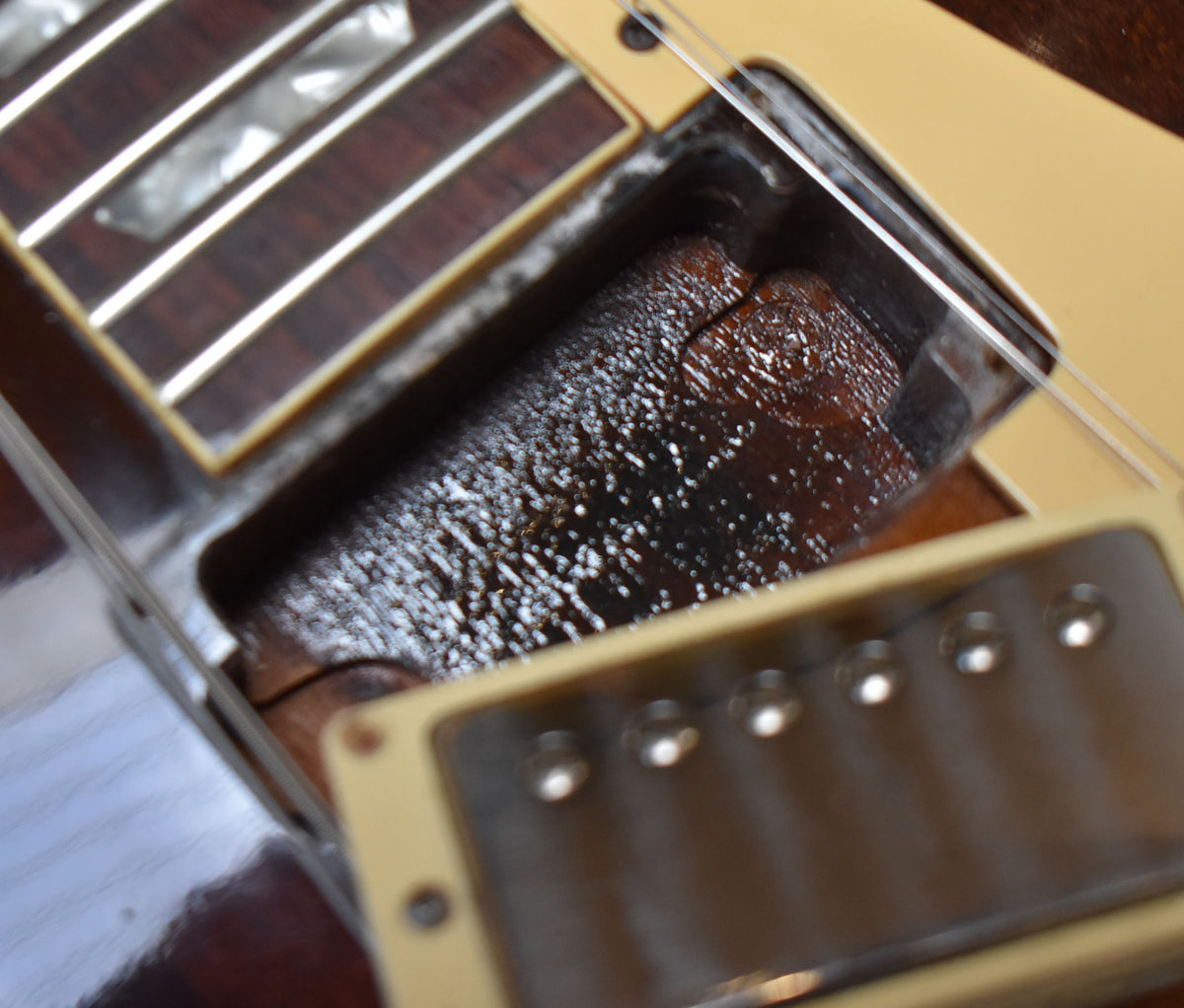 Close-up of the neck pickup cavity, showing a dark brown finish with heavy checking and a crack near the neck joint.