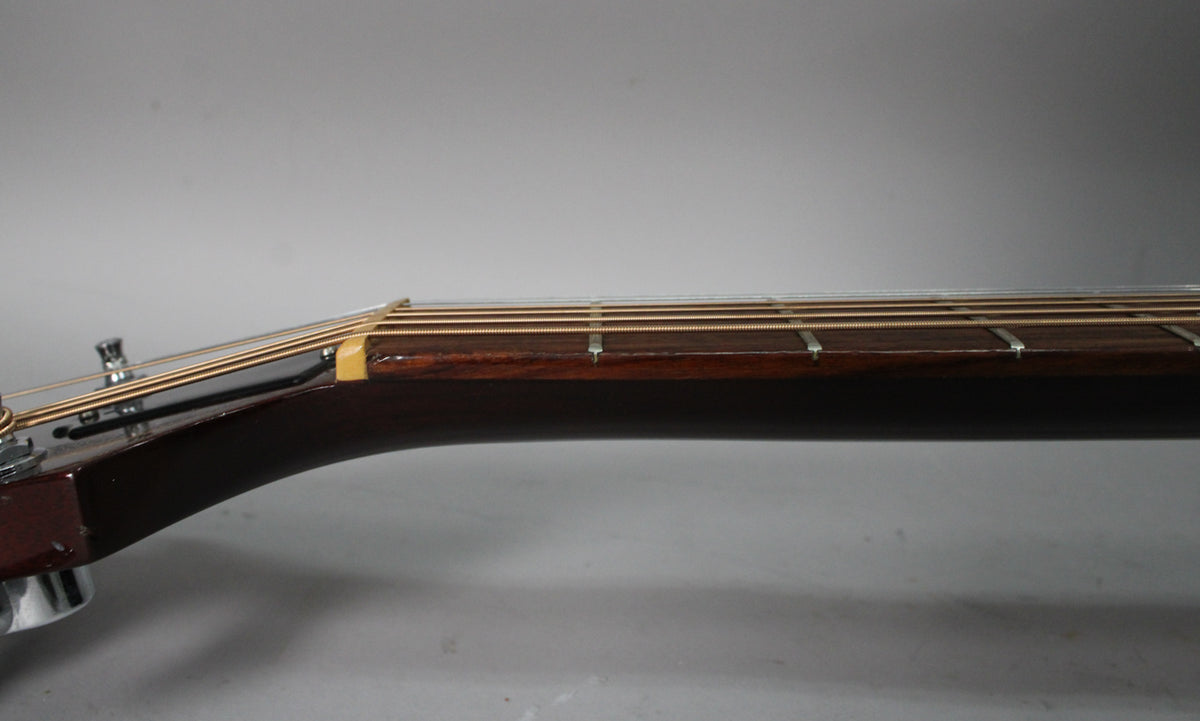 Close-up of the guitar's dark brown neck and fretboard, showing the nut, frets, and strings from the side.