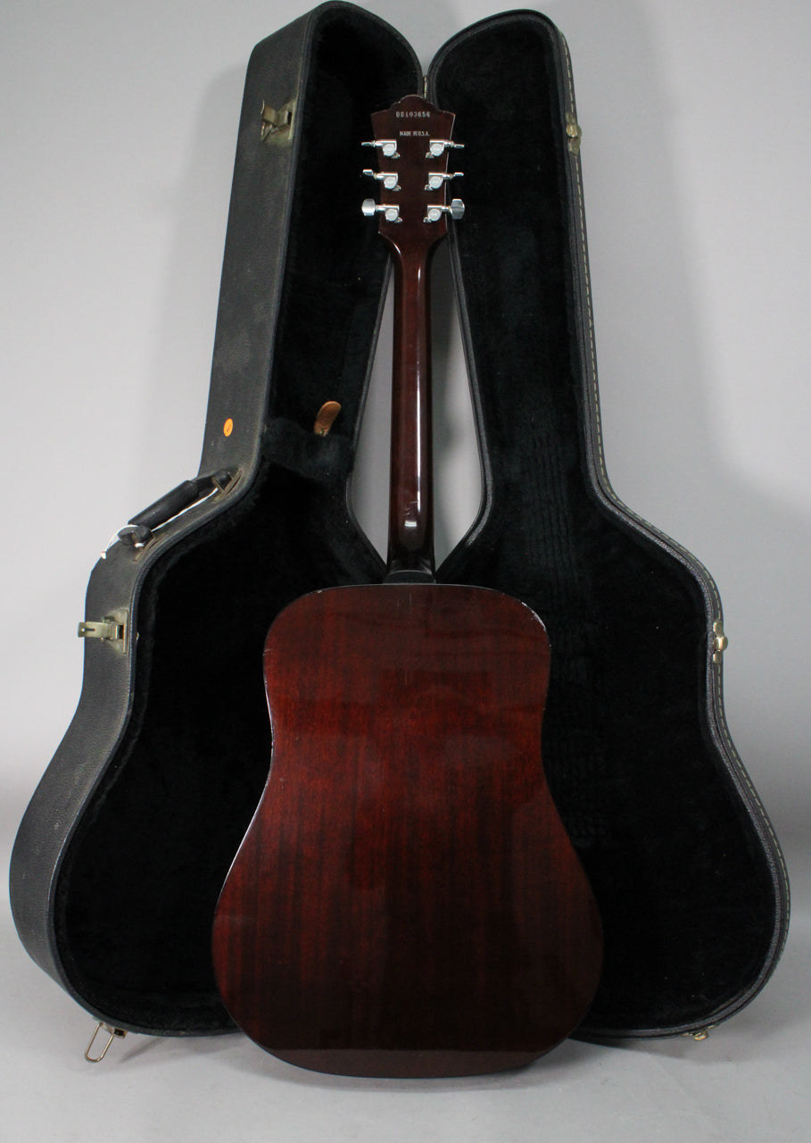 The acoustic guitar is shown from the back, with its dark sunburst finish and six chrome tuners, standing in an open black hard case.
