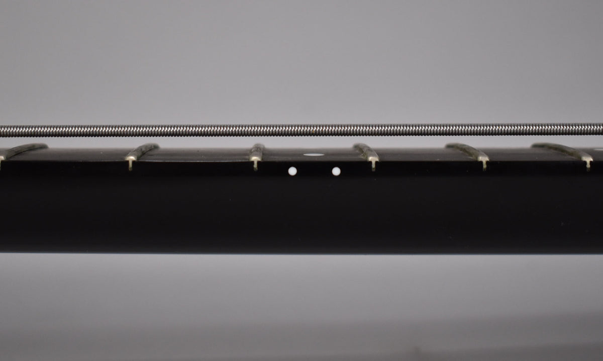 Close-up of the black fretboard and frets, showing two white dot inlays between the 11th and 12th frets.