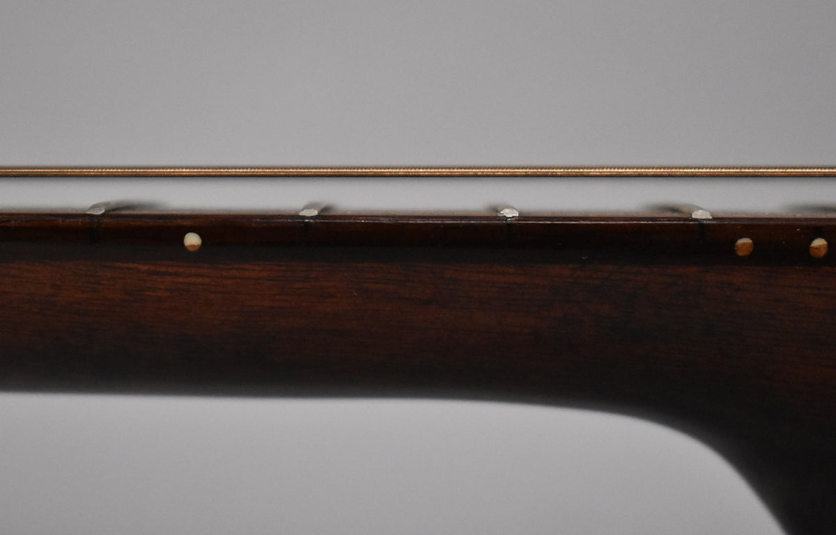 The dark brown guitar neck is viewed from the side, showing five white fret markers and two amber side dots.
