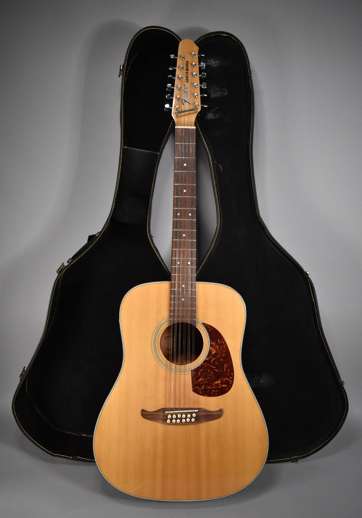 Full-length view of a natural finish 12-string acoustic guitar with a tortoiseshell pickguard, standing in an open black hard case.