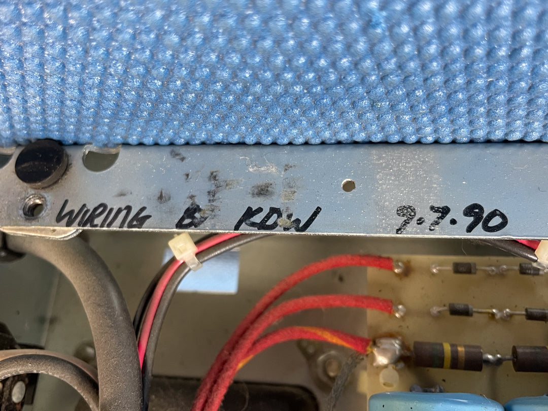 Close-up of internal wiring and components, with "WIRING & KDW 9.7.90" handwritten on a metal chassis plate.