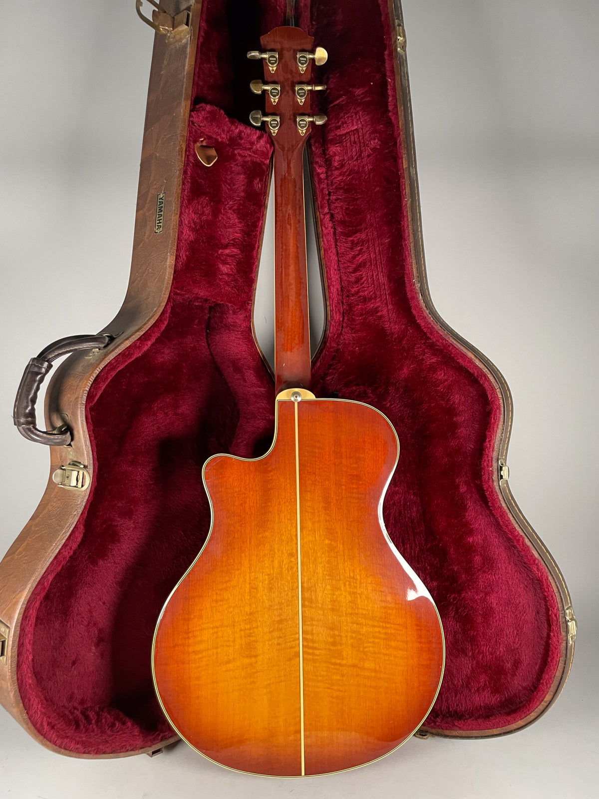 The guitar's sunburst back and neck are visible, with gold tuners and a cutaway body, resting in a red velvet-lined case.