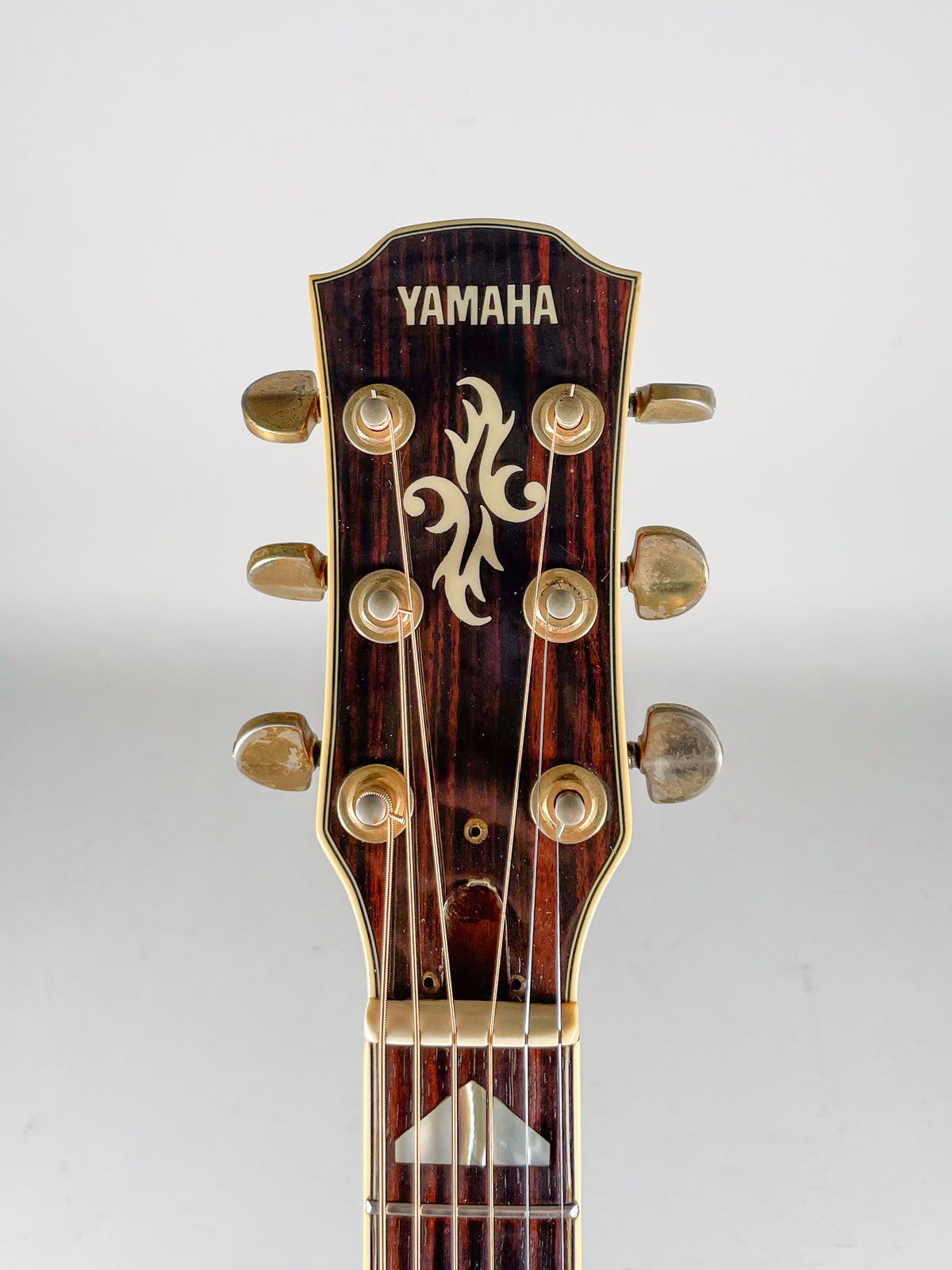 The guitar's dark wood headstock with a cream floral inlay and gold tuners shows visible wear and tarnishing.