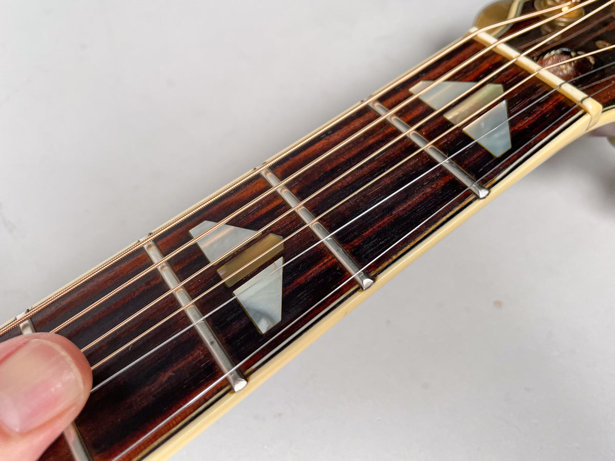 Close-up of the dark rosewood fretboard with mother-of-pearl triangular inlays, showing light wear on the frets and strings.