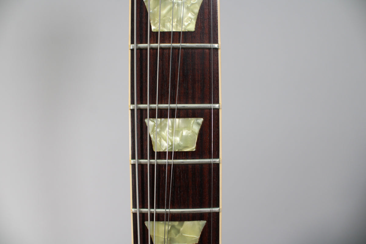 Close-up of the dark rosewood fretboard with trapezoid pearloid inlays and nickel frets, showing light wear on the strings.