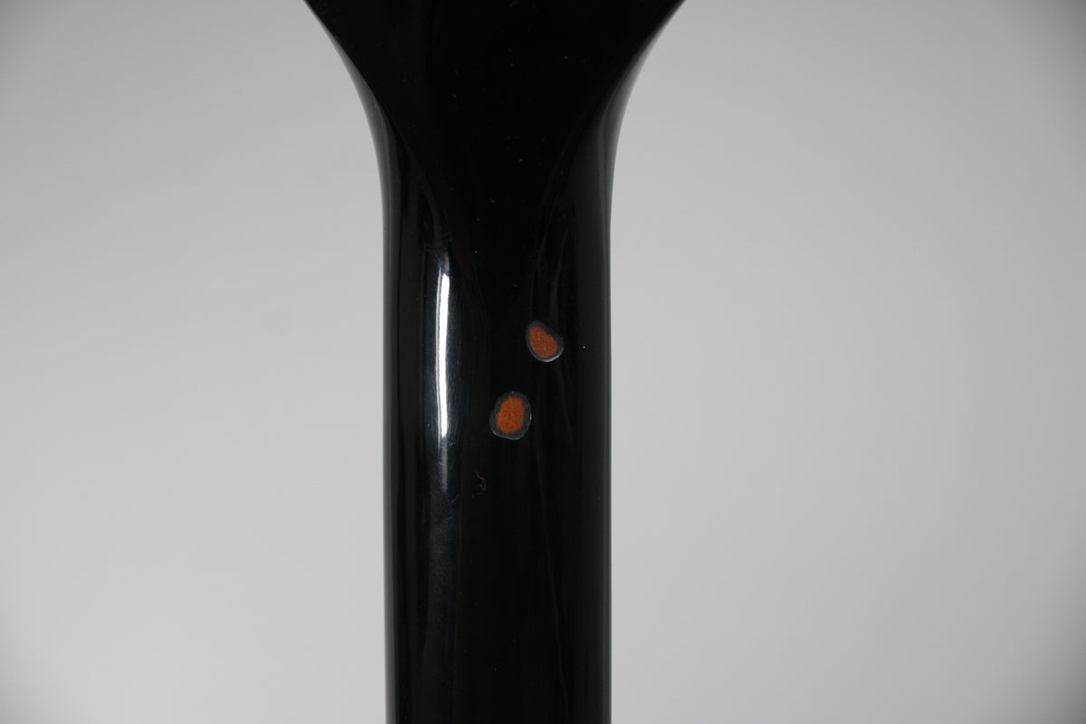 Close-up of the guitar's glossy black neck, showing two small, circular chips in the finish revealing reddish wood underneath.