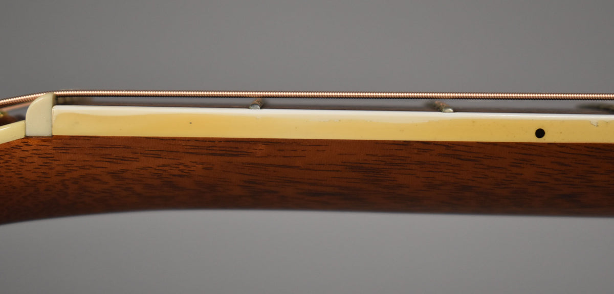 Close-up of the guitar's nut and first fret, showing the light-colored nut with some discoloration and the dark wood neck.