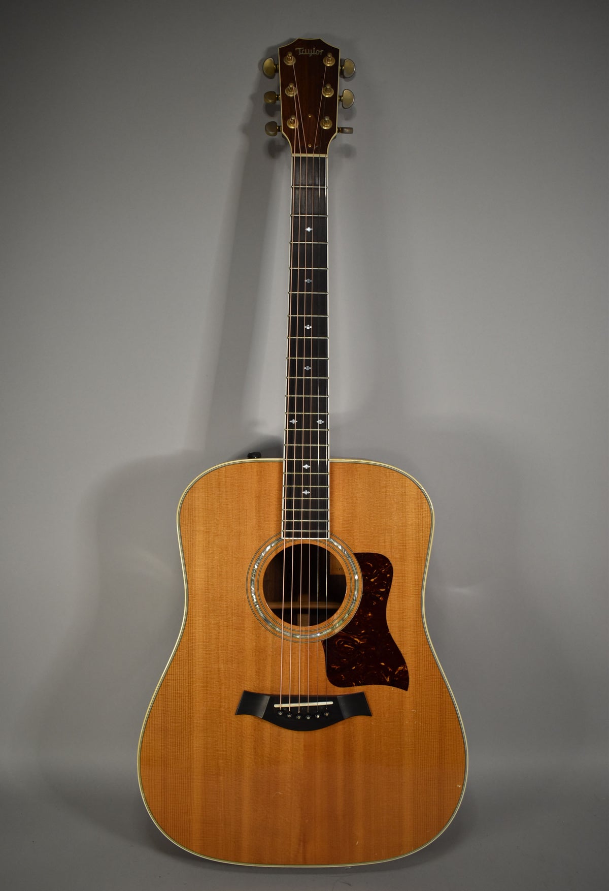 Full front view of a natural finish acoustic guitar with a dark tortoiseshell pickguard and white binding.