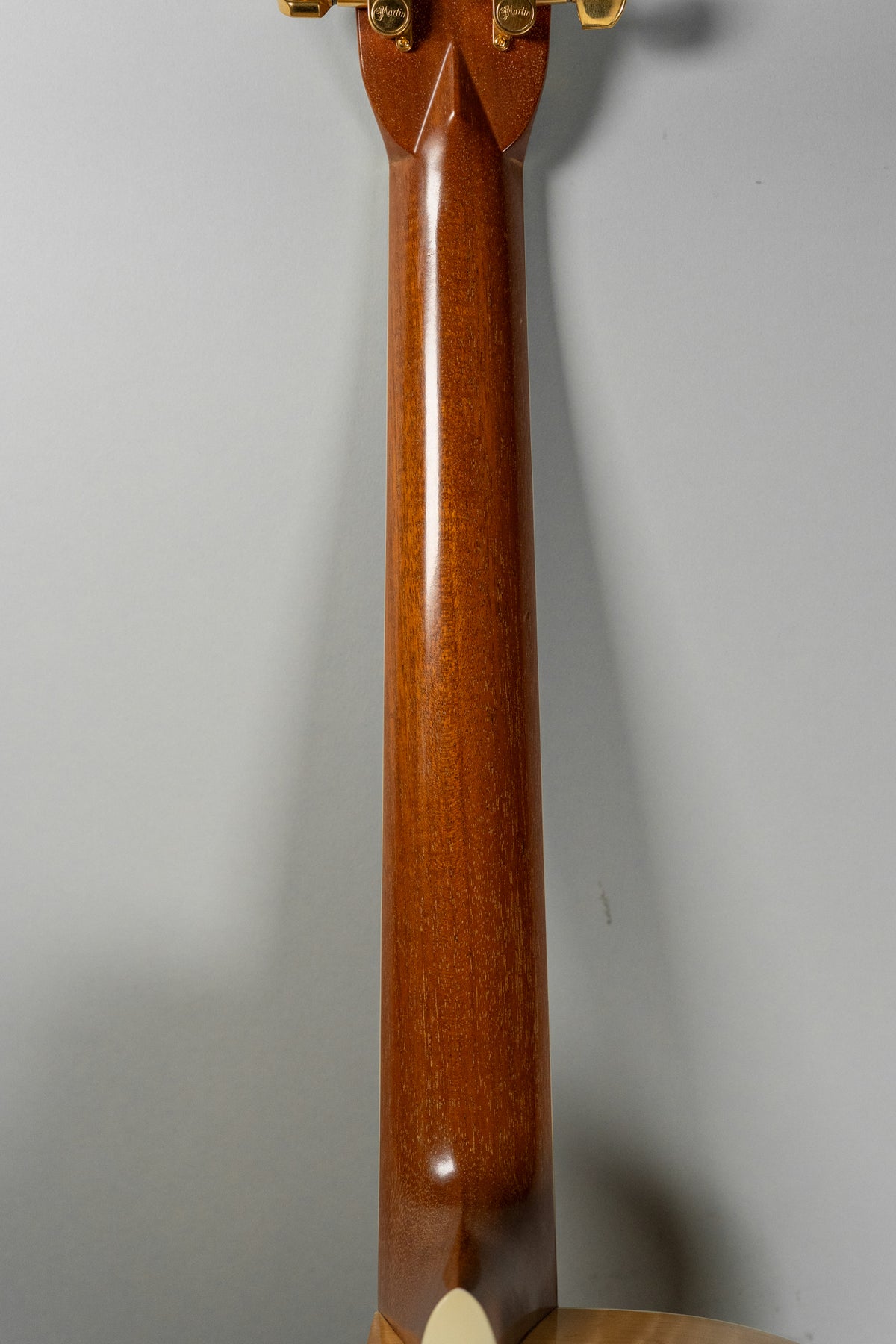 The guitar's glossy, reddish-brown neck and headstock are viewed from the back, with gold tuners visible at the top.