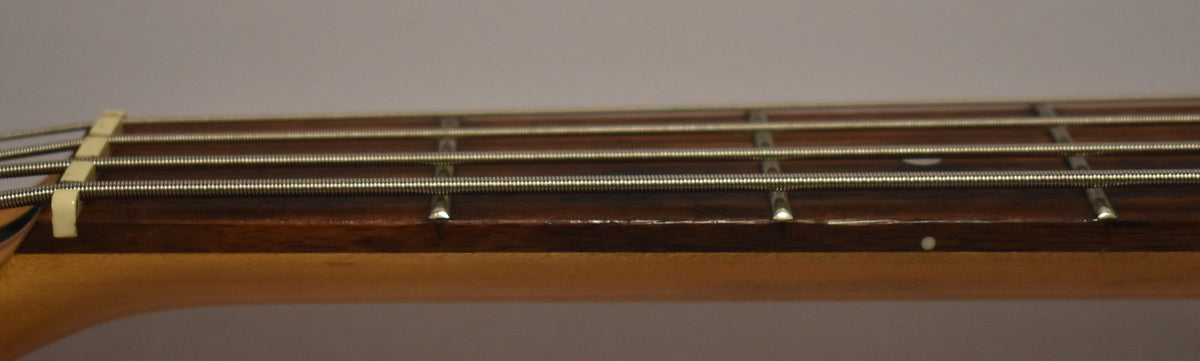Close-up of the bass's dark rosewood fretboard and light maple neck, showing four strings, frets, and a white nut.