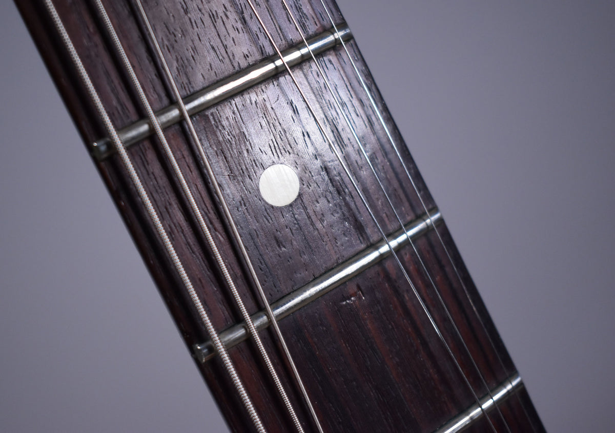 Close-up of the dark rosewood fretboard, showing four strings, three frets, and a circular fret marker with minor wear.