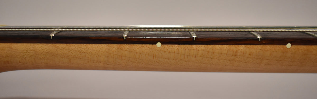 Close-up of the guitar's maple neck and dark rosewood fretboard with light-colored side dots and frets, strung with nickel strings.