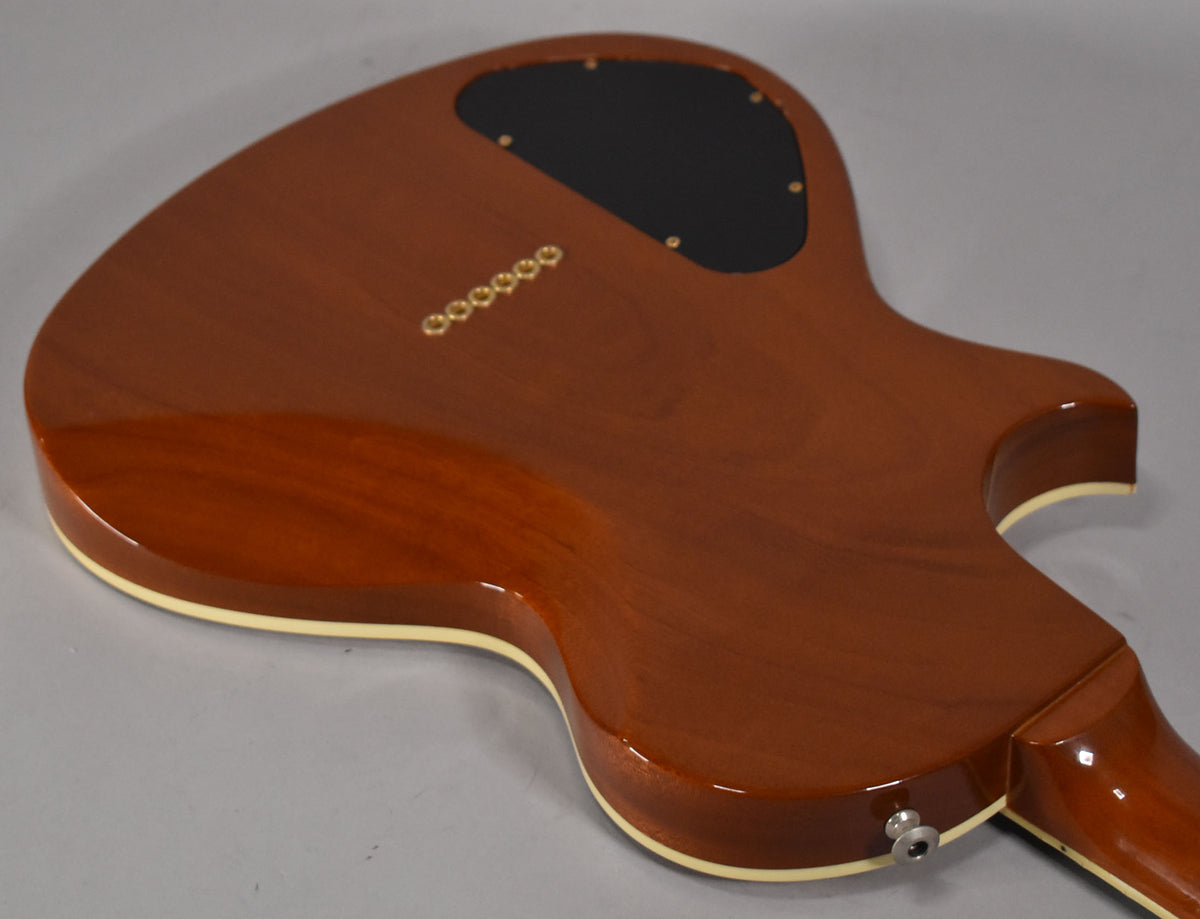 The guitar's amber back, showing the string-through ferrules and control cavity cover, with a visible output jack and neck heel.