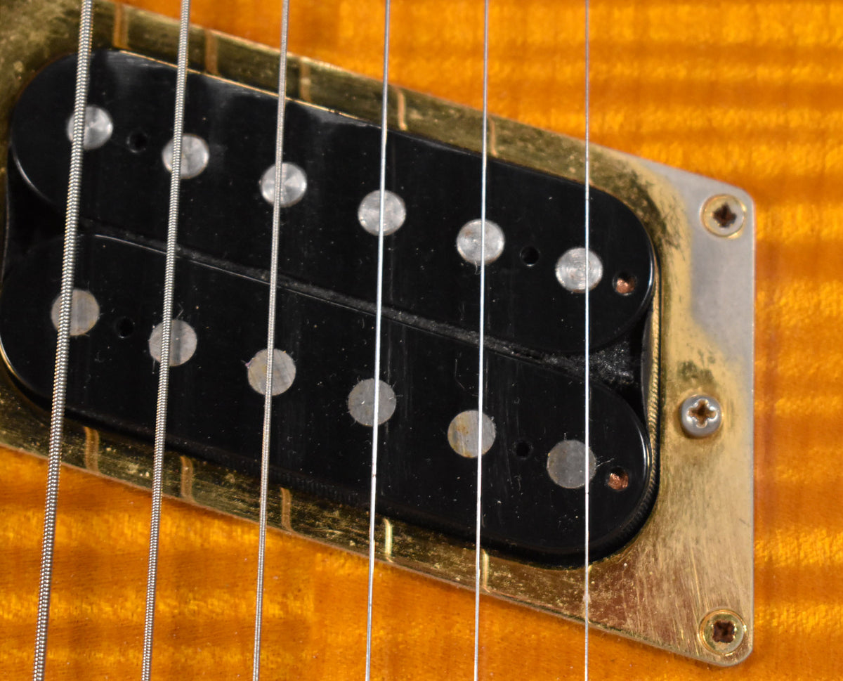 Close-up of the bridge humbucker pickup, showing its black bobbins, silver pole pieces, and tarnished gold surround on the amber body.